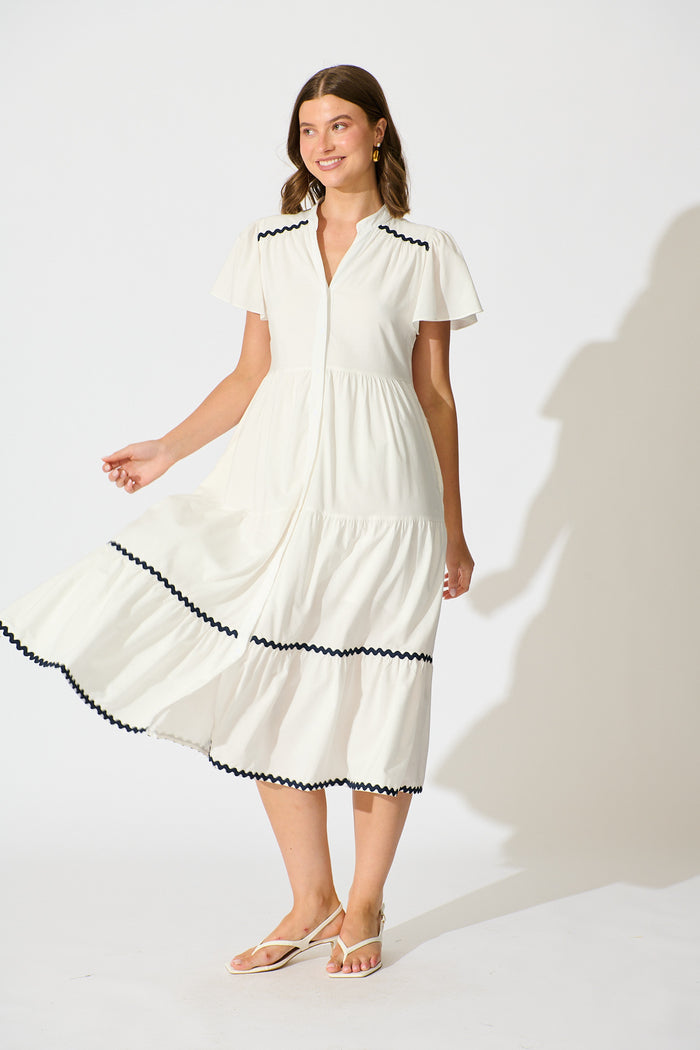 Soley Midi Smock Dress in White Cotton full length