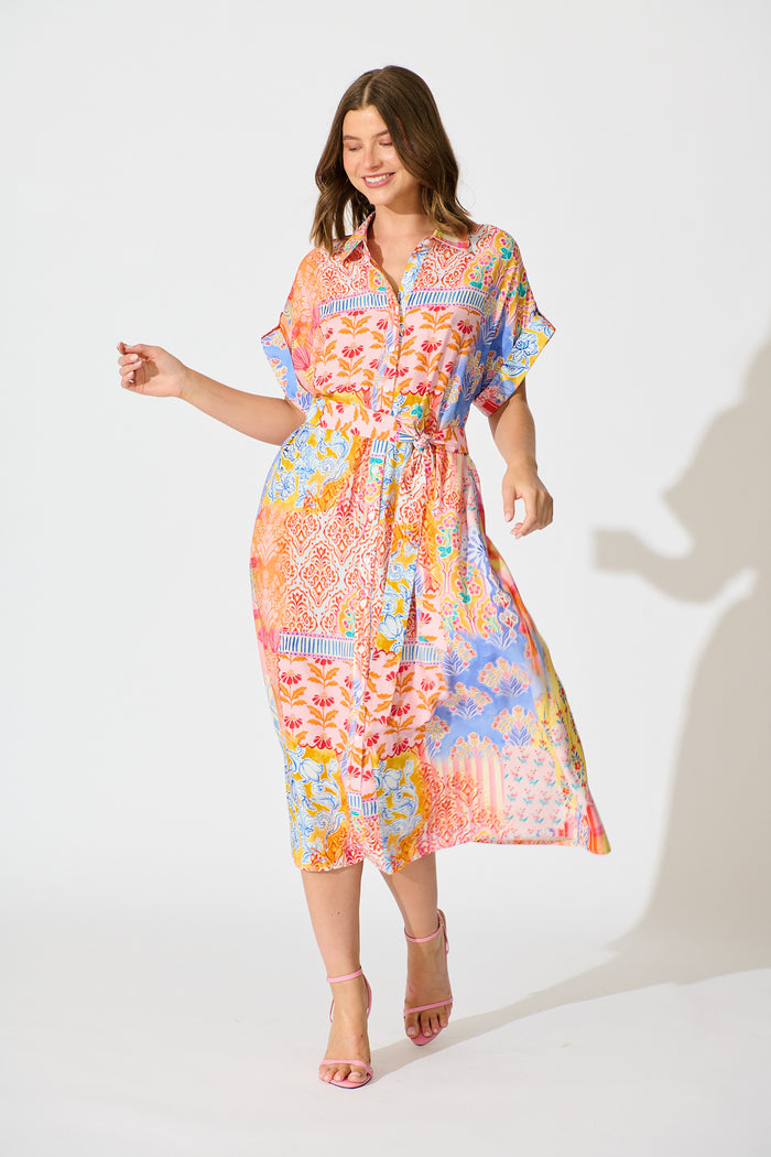 Vita Mia Midi Shirt Dress Bright Multi Patchwork Floral full length