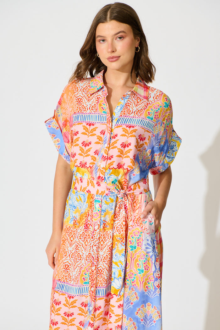 Vita Mia Midi Shirt Dress Bright Multi Patchwork Floral front