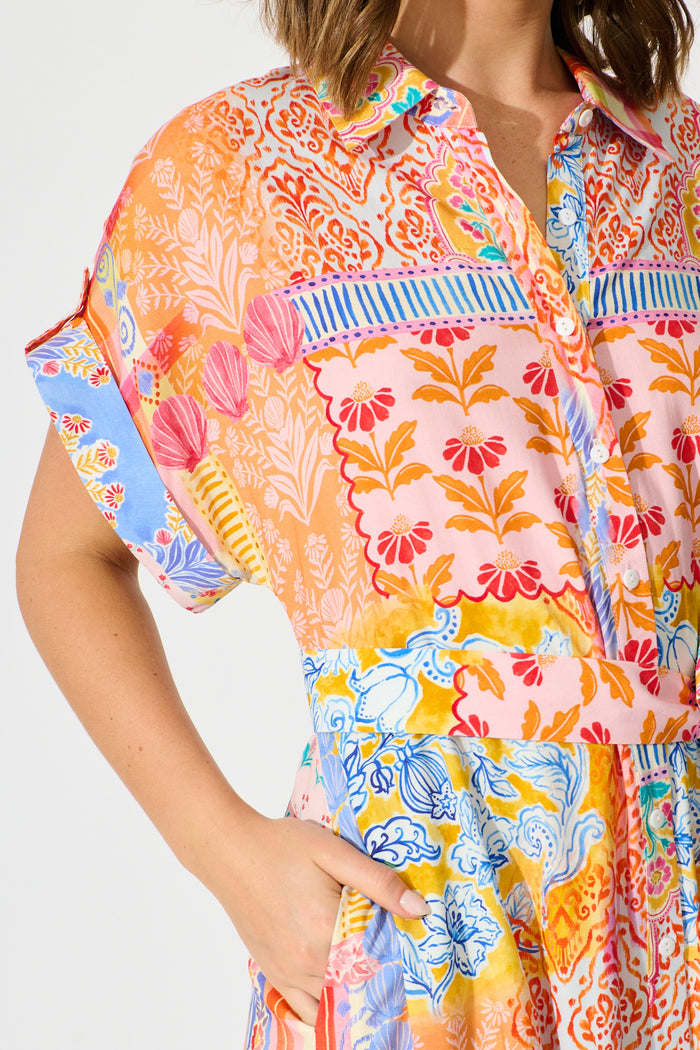 Vita Mia Midi Shirt Dress Bright Multi Patchwork Floral detail