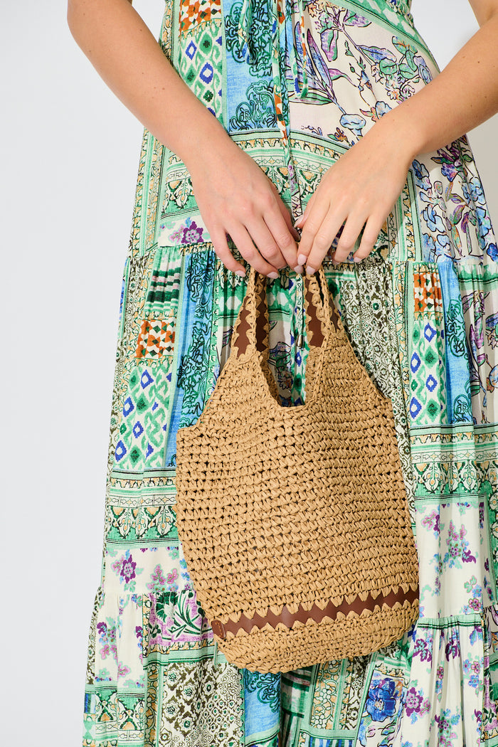 Esme Woven Bag in Natural with Pattern Trim on model front