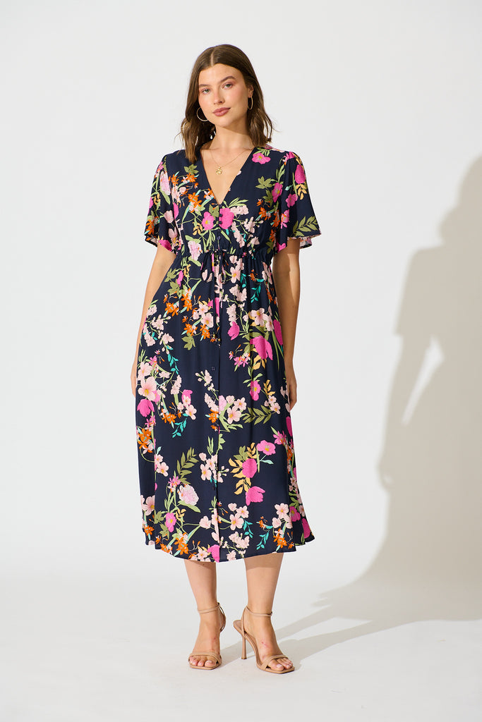 Melody Midi Dress in Navy Multi Floral full length