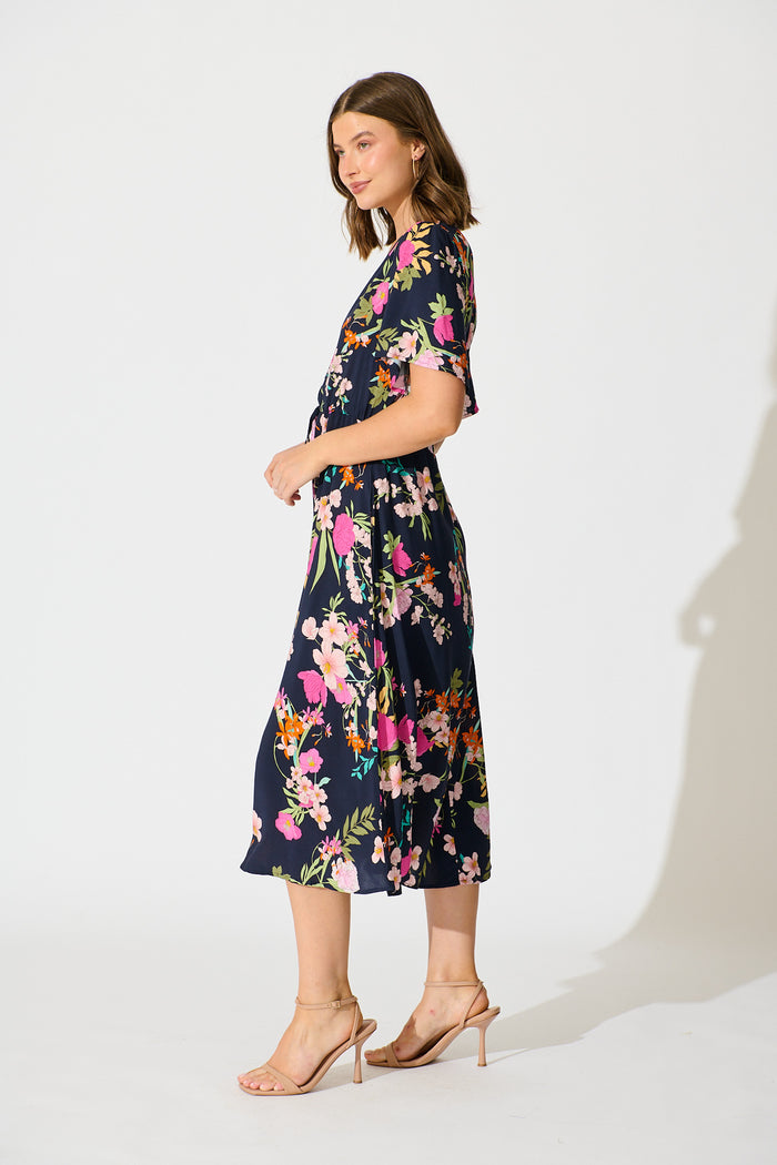 Melody Midi Dress in Navy Multi Floral side