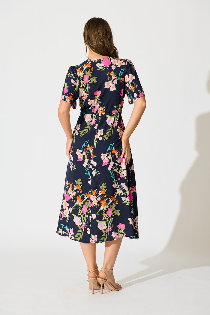 Melody Midi Dress in Navy Multi Floral back