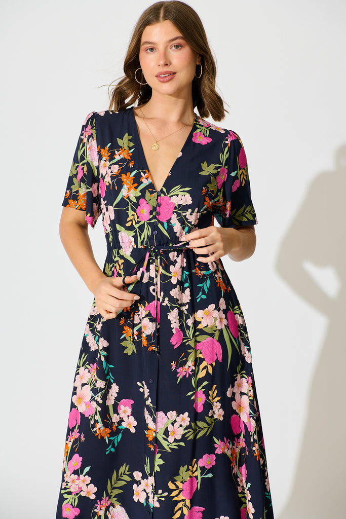 Melody Midi Dress in Navy Multi Floral front