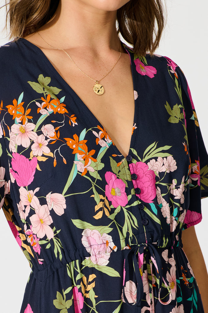 Melody Midi Dress in Navy Multi Floral detail