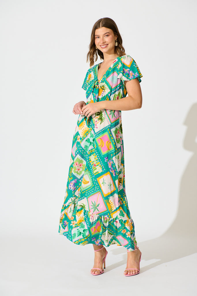 Georgina Maxi Dress In Green with Multi Tile Print full length