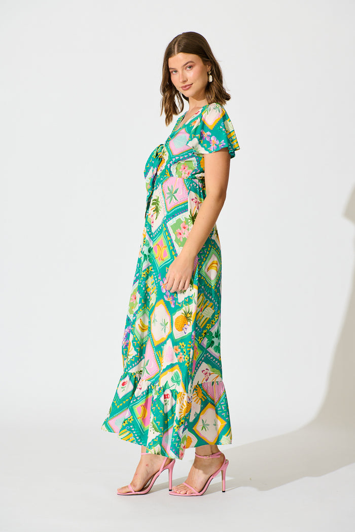 Georgina Maxi Dress In Green with Multi Tile Print side