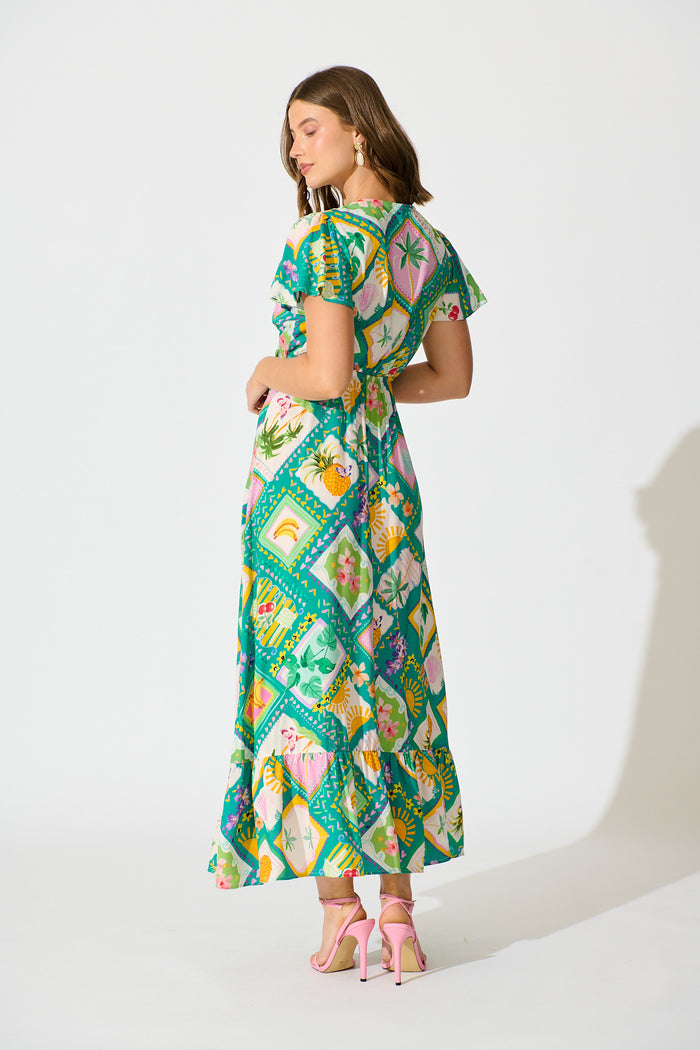 Georgina Maxi Dress In Green with Multi Tile Print back
