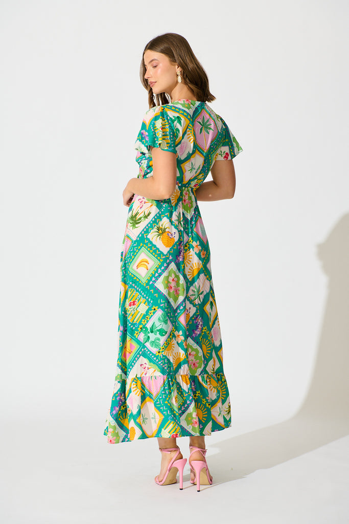 Georgina Maxi Dress In Green with Multi Tile Print back