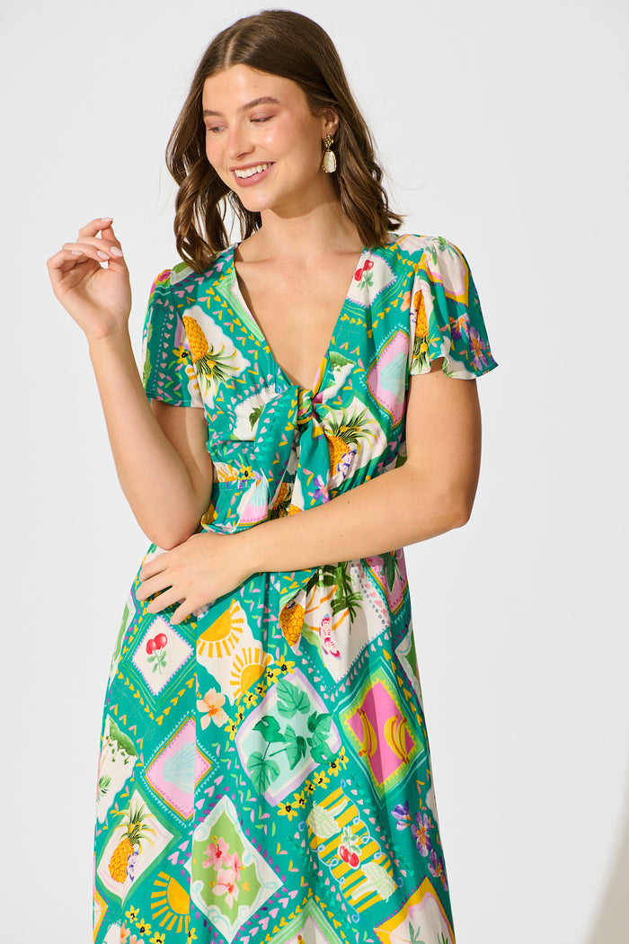 Georgina Maxi Dress In Green with Multi Tile Print front