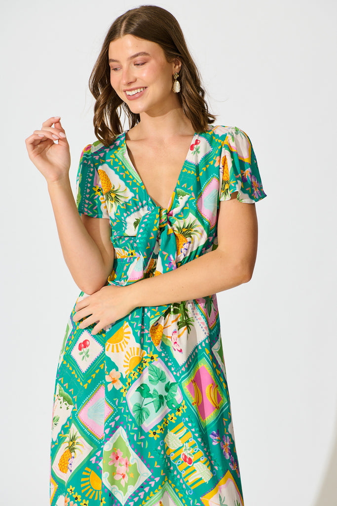 Georgina Maxi Dress In Green with Multi Tile Print front