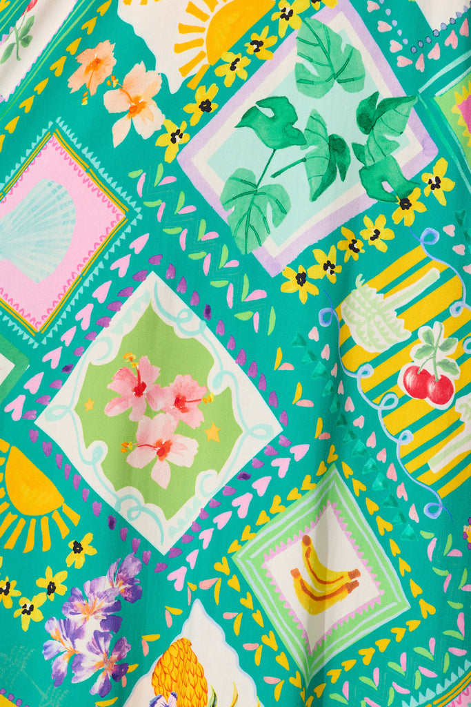 Georgina Maxi Dress In Green with Multi Tile Print fabric