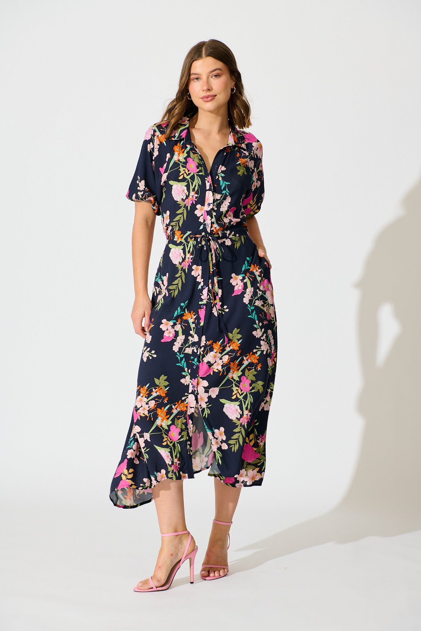 Isla Botanica Midi Shirt Dress in Navy Multi Floral full length