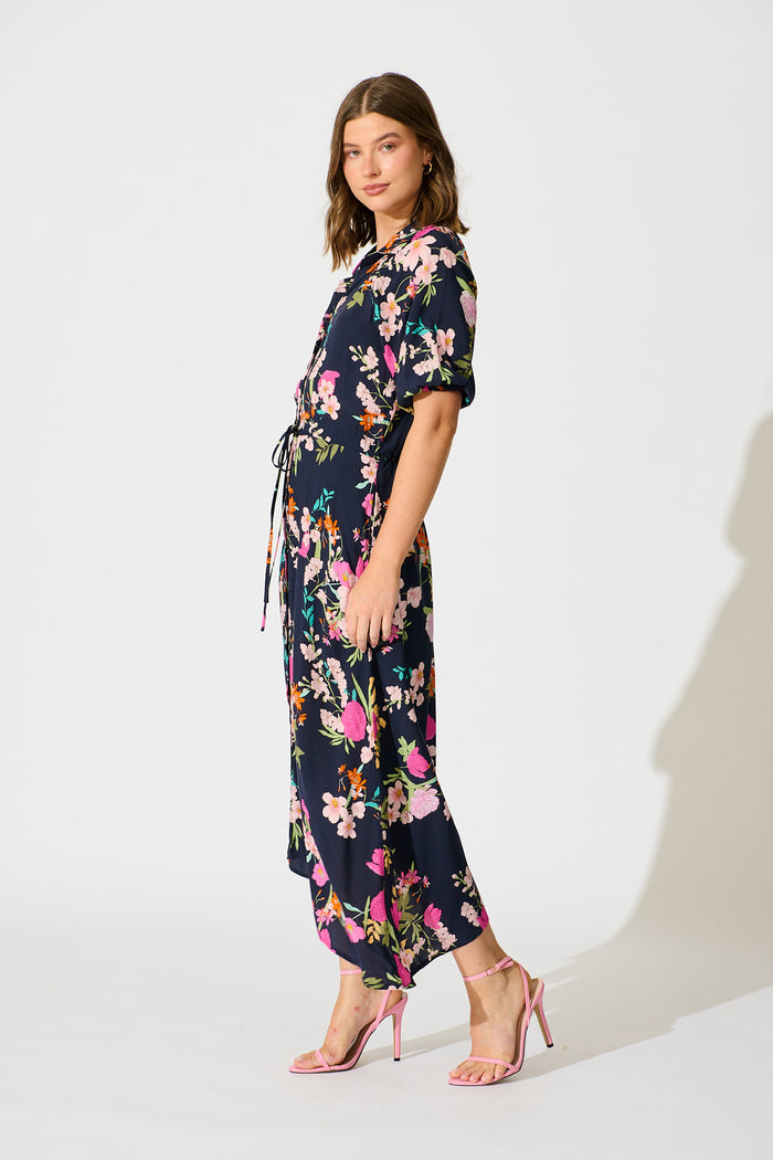 Isla Botanica Midi Shirt Dress in Navy Multi Floral side