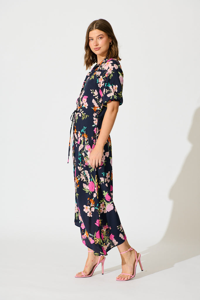 Isla Botanica Midi Shirt Dress in Navy Multi Floral side
