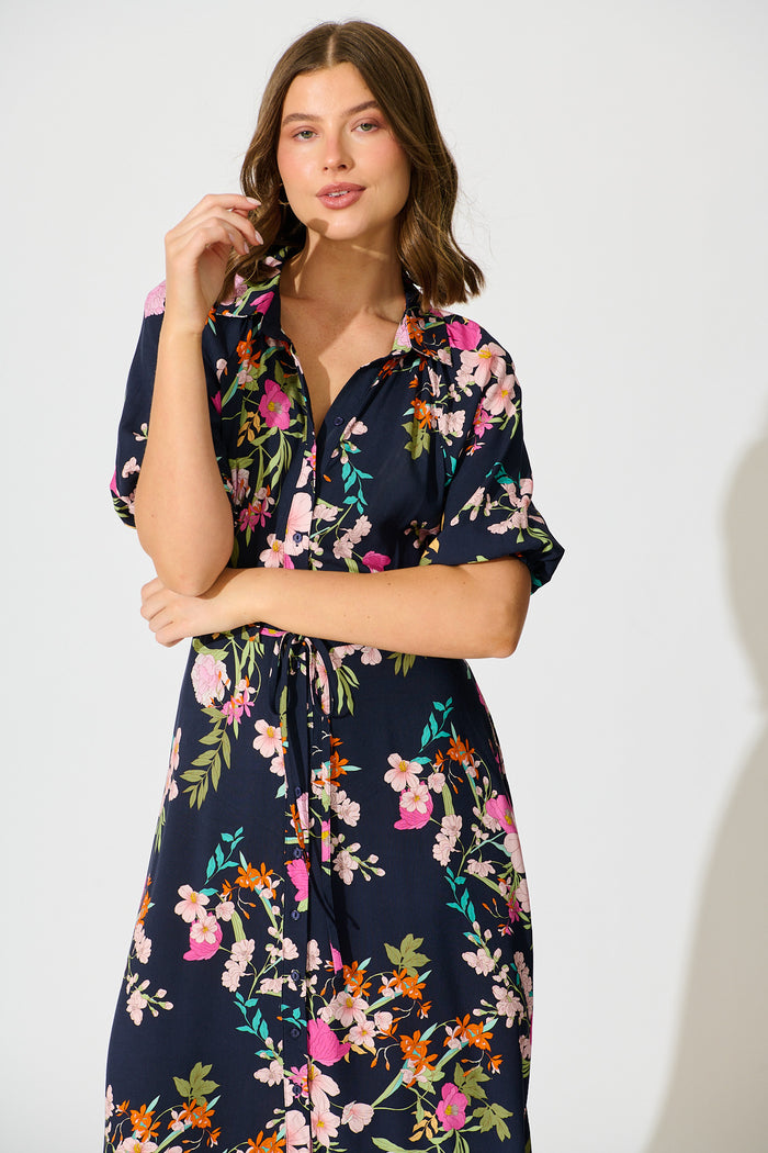 Isla Botanica Midi Shirt Dress in Navy Multi Floral front