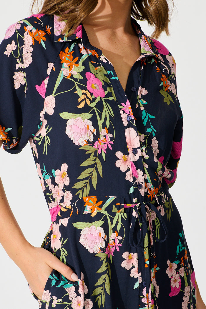 Isla Botanica Midi Shirt Dress in Navy Multi Floral detail