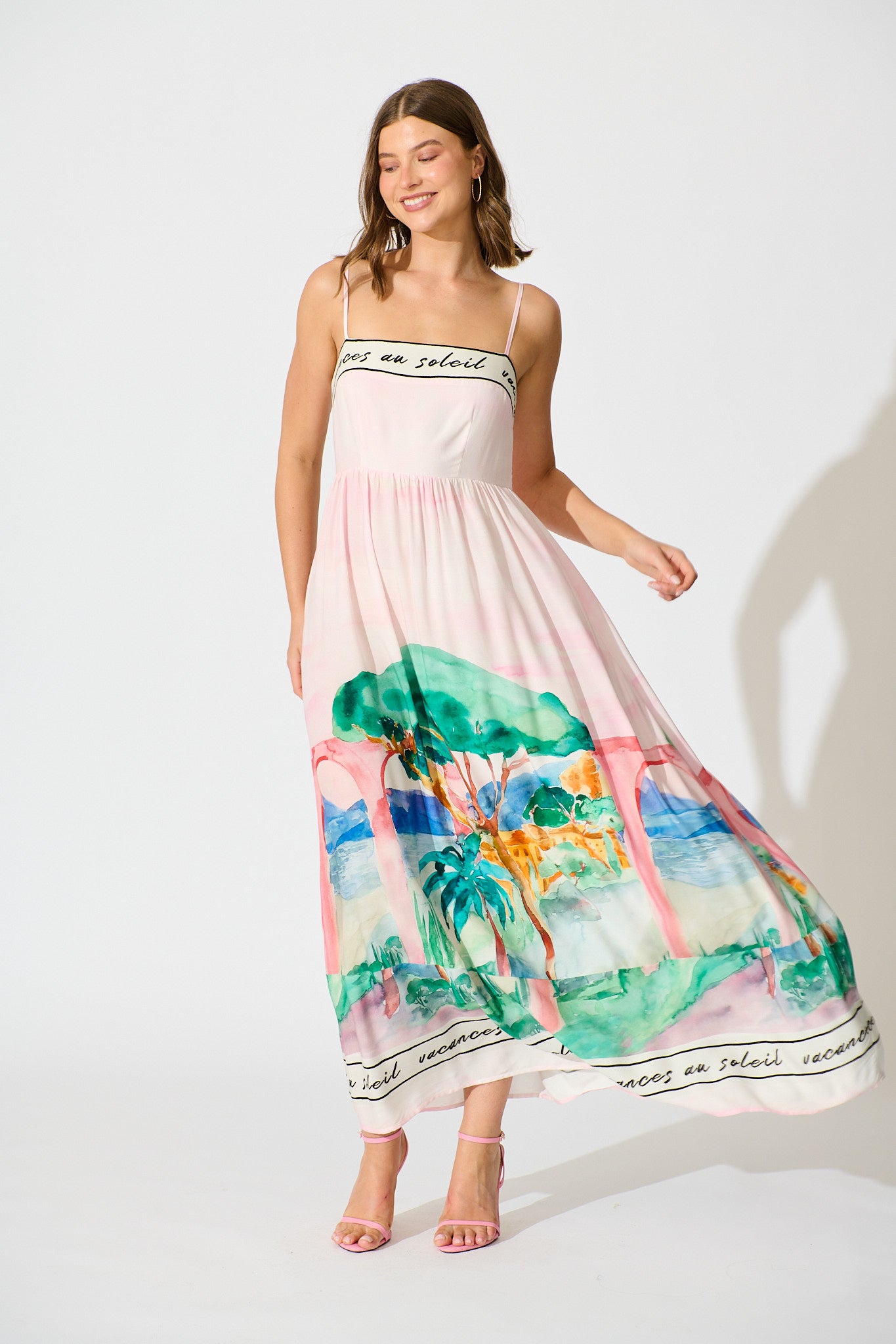 Belle Essence Maxi Sundress in Blush Multi Landscape Print full length