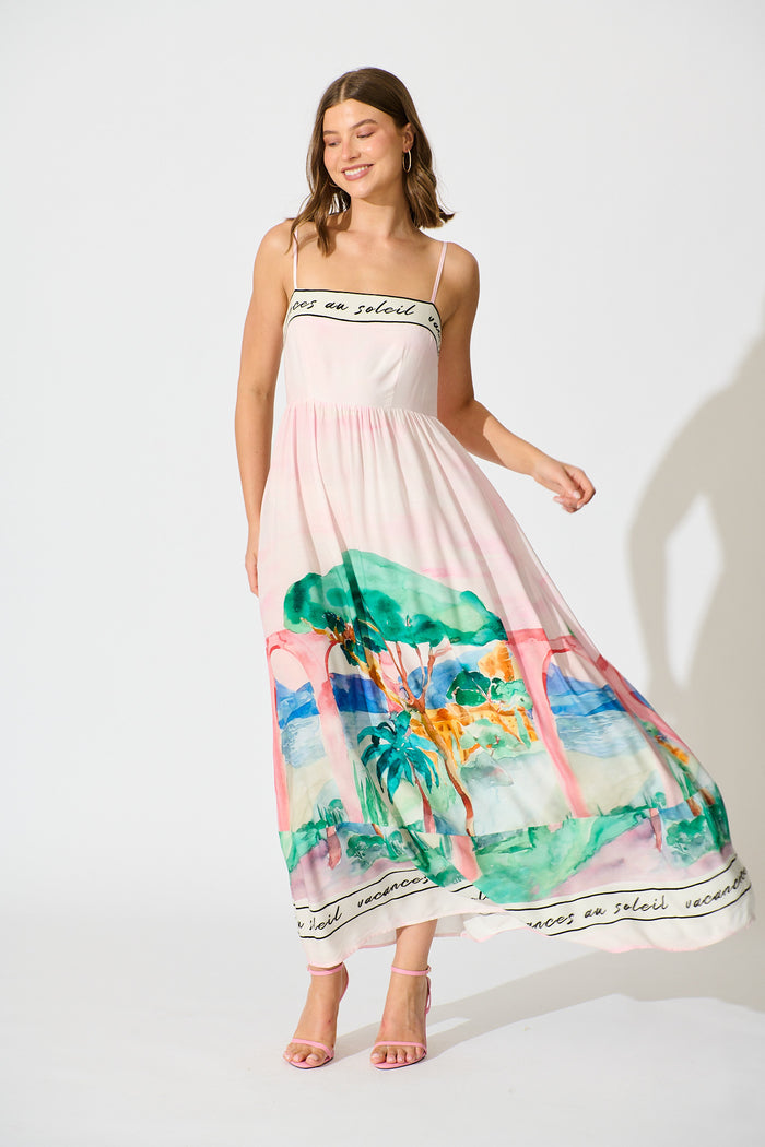 Belle Essence Maxi Sundress in Blush Multi Landscape Print full length
