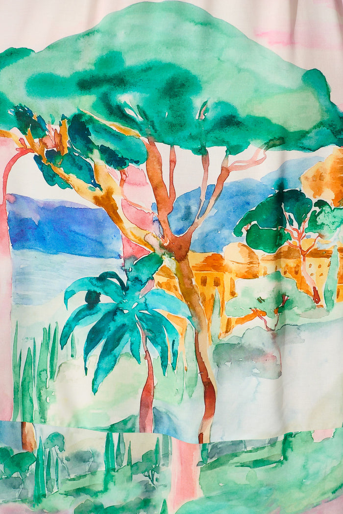 Belle Essence Maxi Sundress in Blush Multi Landscape Print fabric