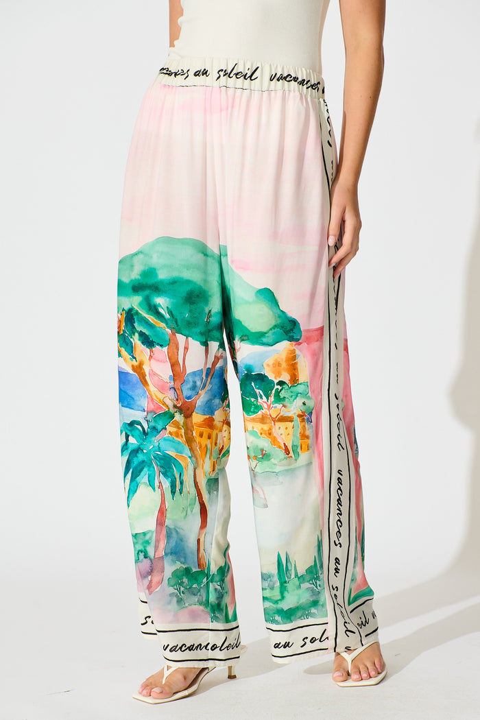 PRE ORDER Riviera Whisper Pant in Blush Multi Landscape Print front