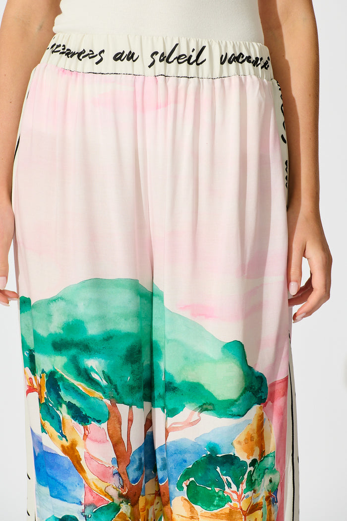 PRE ORDER Riviera Whisper Pant in Blush Multi Landscape Print detail