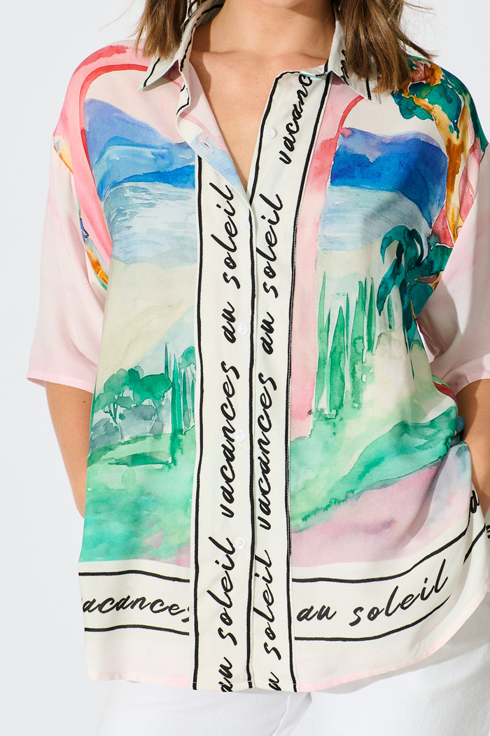 PRE ORDER Riviera Allure Shirt in Blush Multi Landscape Print detail