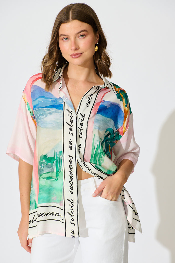 PRE ORDER Riviera Allure Shirt in Blush Multi Landscape Print front