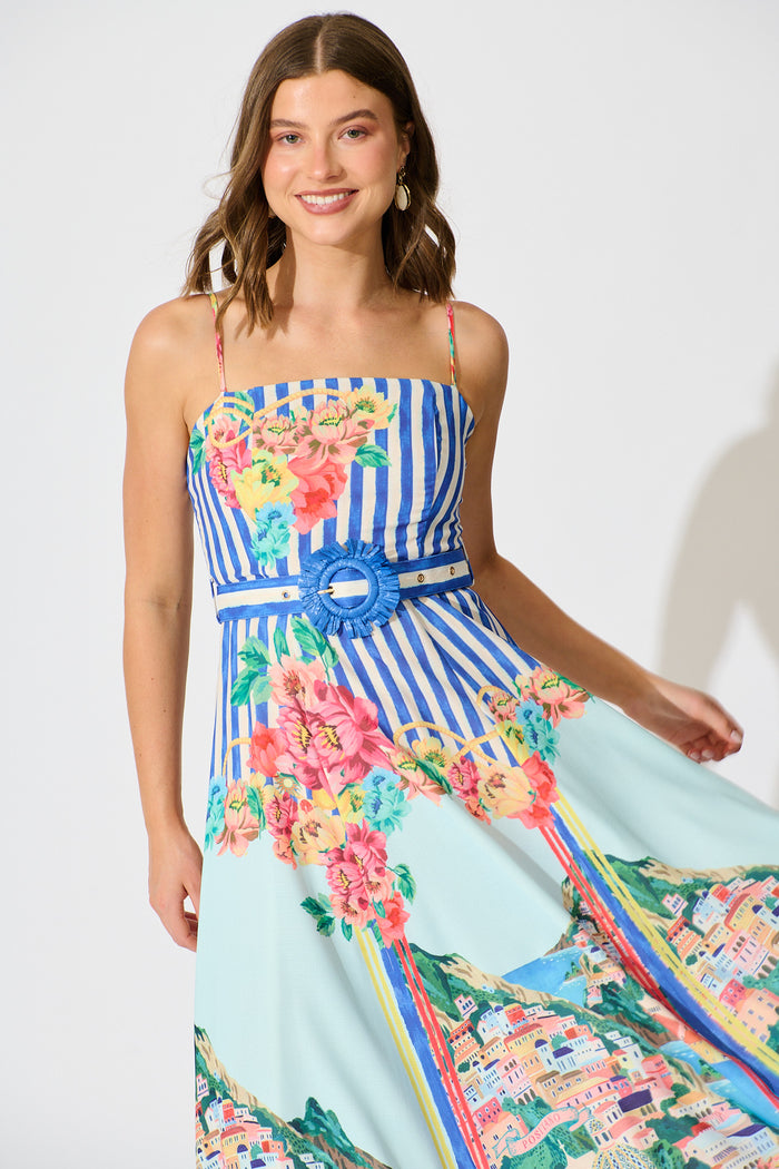 Positano Whisper Maxi Sundress in Blue Multi Cotton Linen Blend front