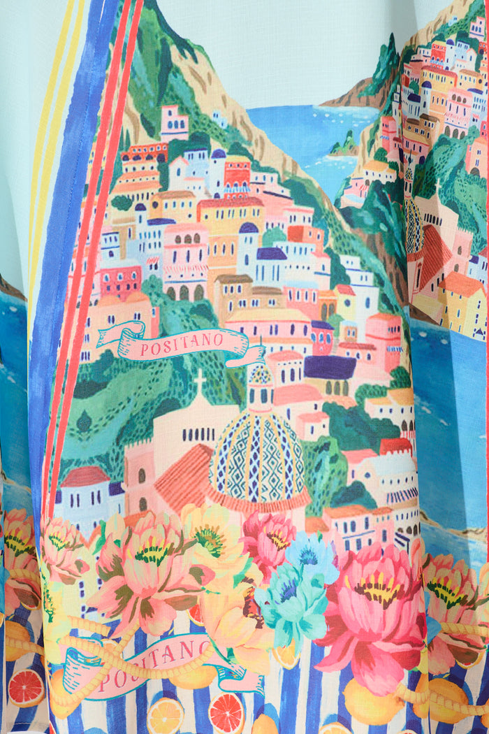 Positano Whisper Maxi Sundress in Blue Multi Cotton Linen Blend fabric
