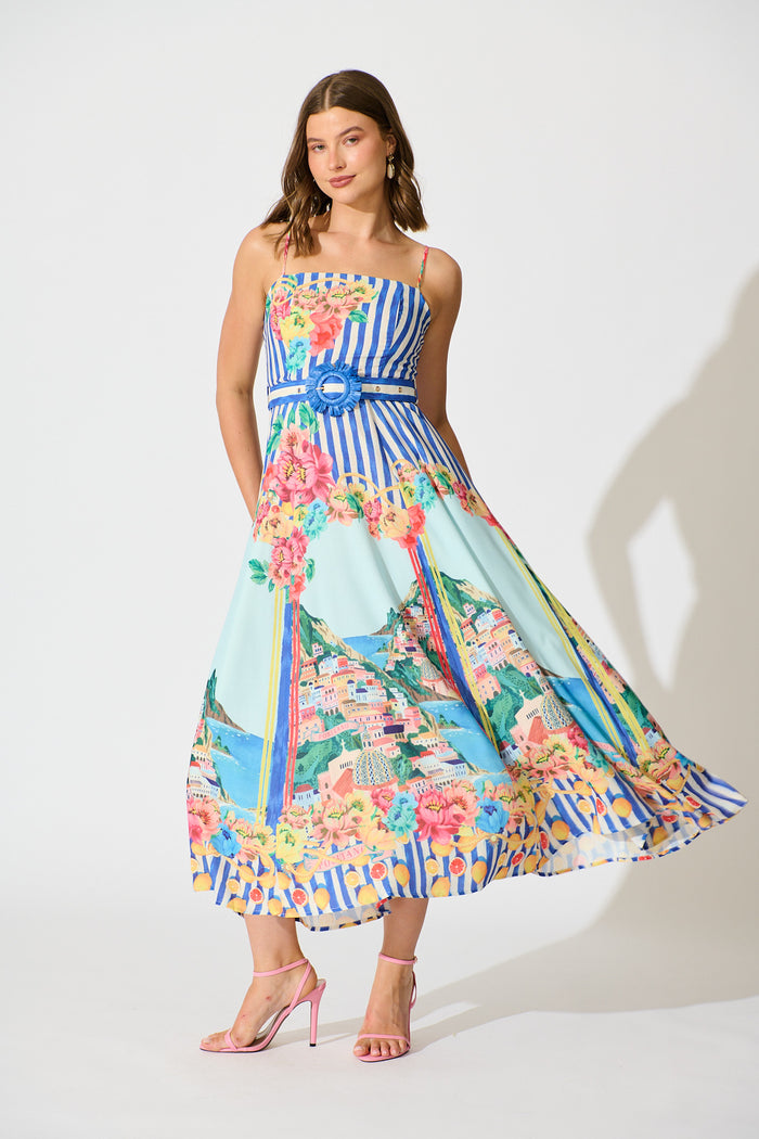 Positano Whisper Maxi Sundress in Blue Multi Cotton Linen Blend full length