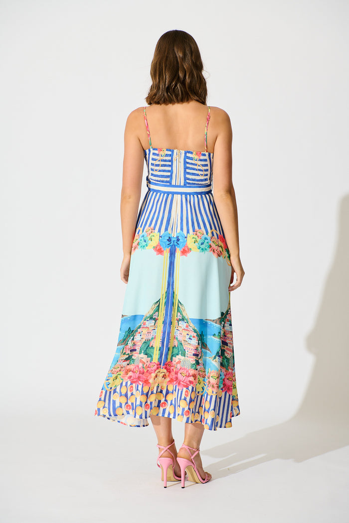 Positano Whisper Maxi Sundress in Blue Multi Cotton Linen Blend back
