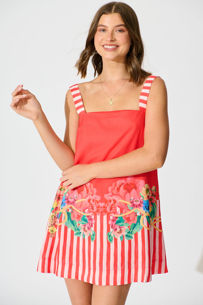 Bella Vita Sundress in Red Floral and Lemon Cotton Linen Blend front