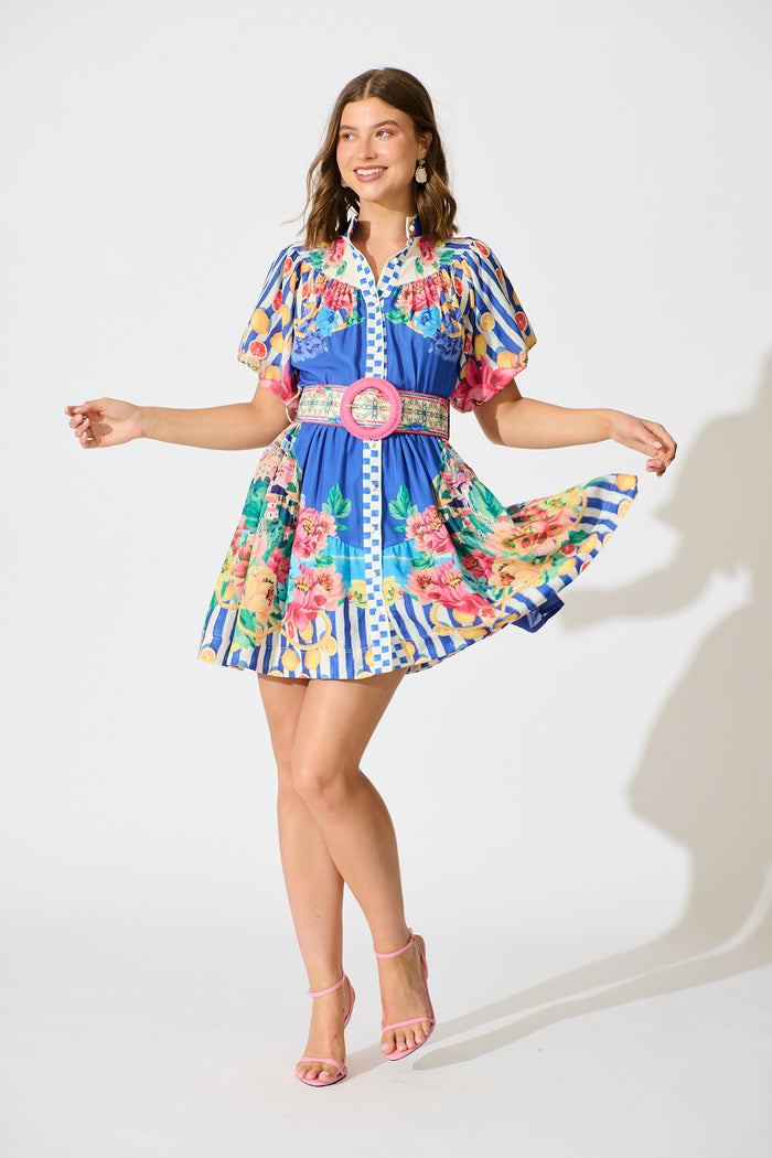 Positano Dress in Blue Floral and Lemon Cotton Linen full length