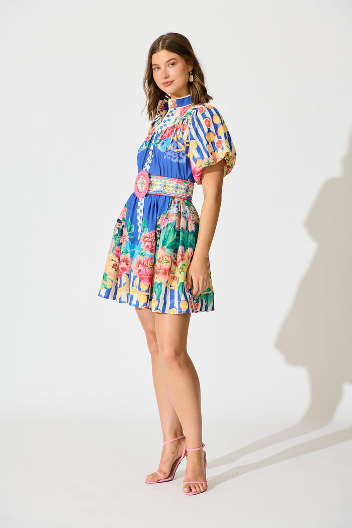 Positano Dress in Blue Floral and Lemon Cotton Linen side