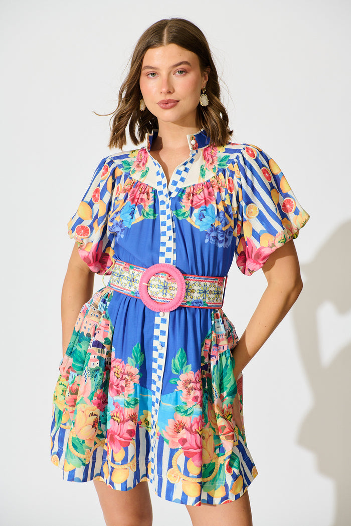 Positano Dress in Blue Floral and Lemon Cotton Linen front