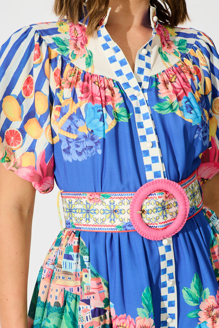 Positano Dress in Blue Floral and Lemon Cotton Linen detail