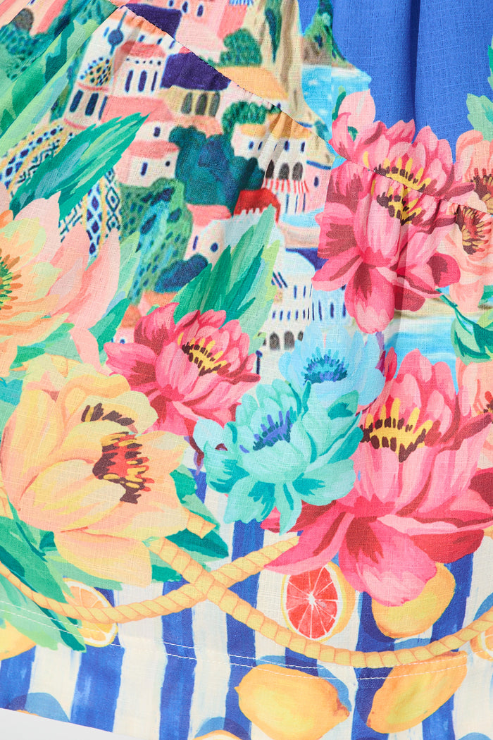 Positano Dress in Blue Floral and Lemon Cotton Linen fabric