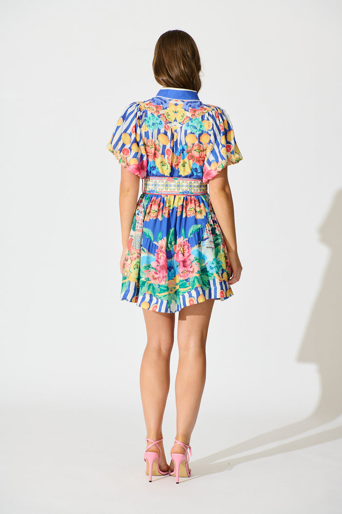 Positano Dress in Blue Floral and Lemon Cotton Linen back
