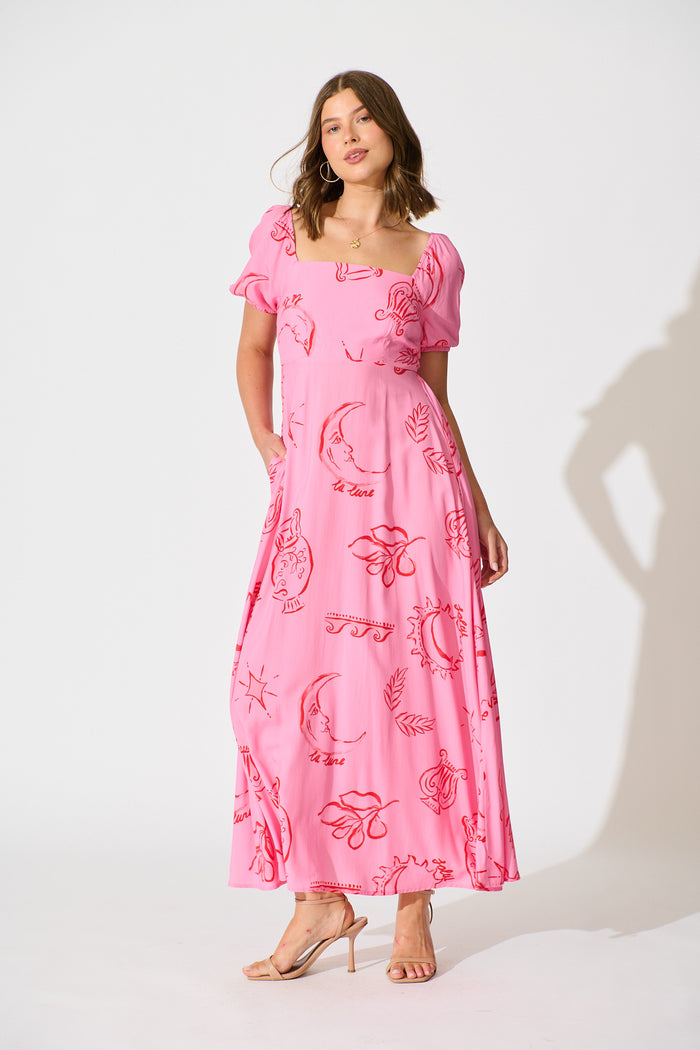 Ciniza Maxi Dress in Pink with Red Print