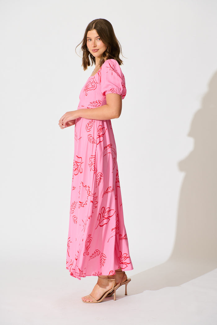 Ciniza Maxi Dress in Pink with Red Print side