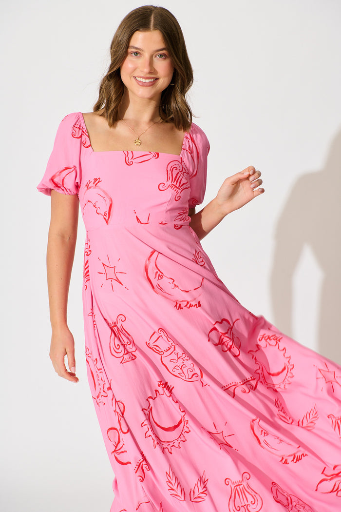 Ciniza Maxi Dress in Pink with Red Print front