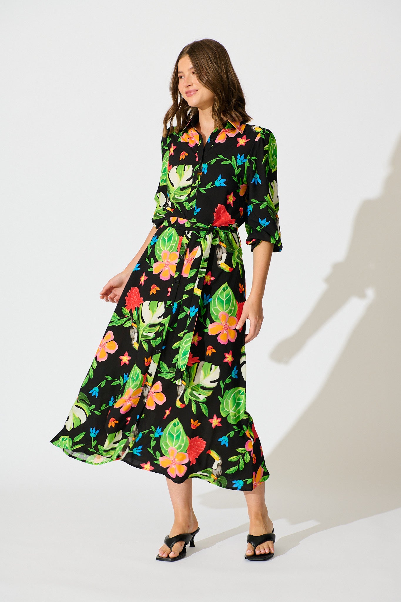 Aurelina Maxi Shirt Dress in Black Multi Print full length