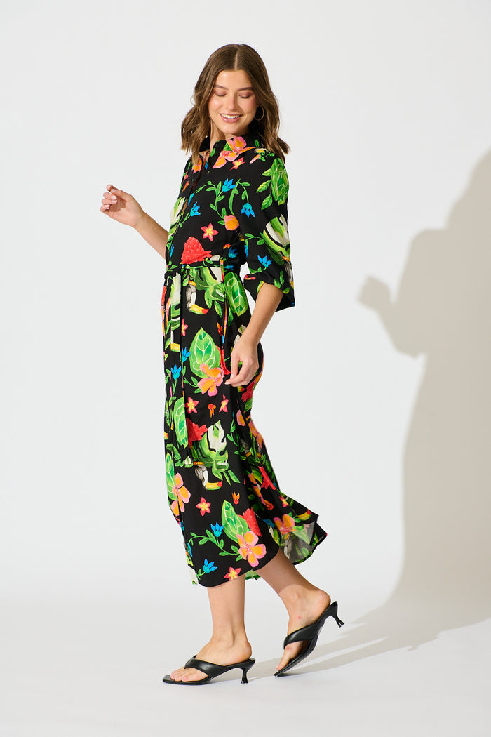 Aurelina Maxi Shirt Dress in Black Multi Print side