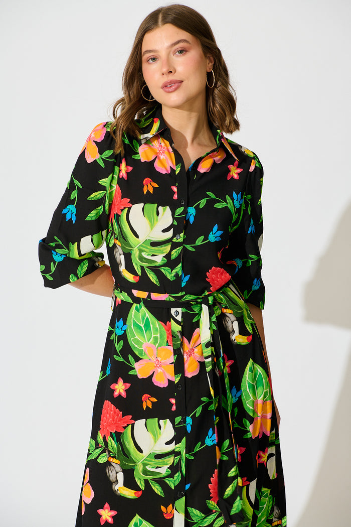 Aurelina Maxi Shirt Dress in Black Multi Print front