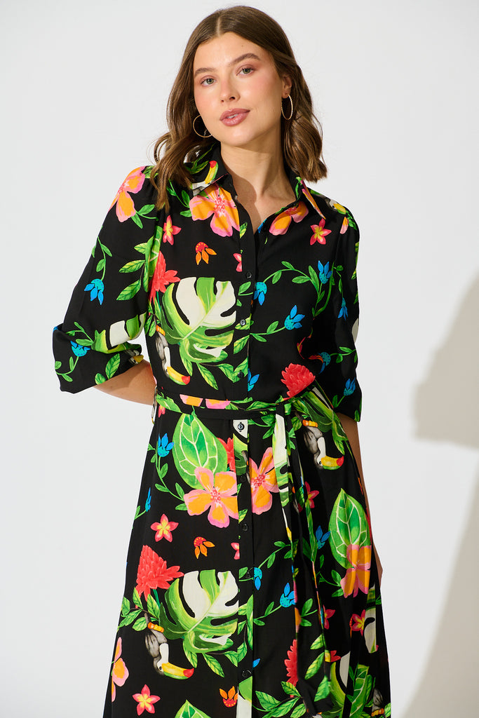 Aurelina Maxi Shirt Dress in Black Multi Print front