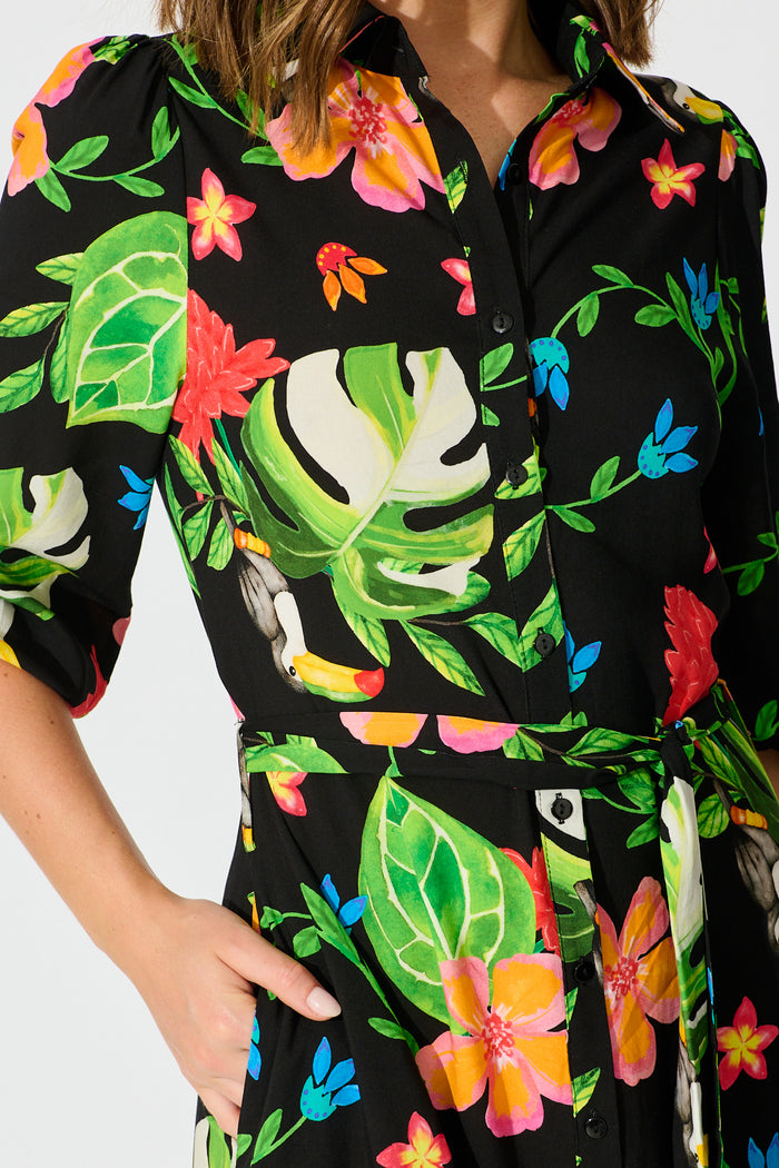 Aurelina Maxi Shirt Dress in Black Multi Print detail