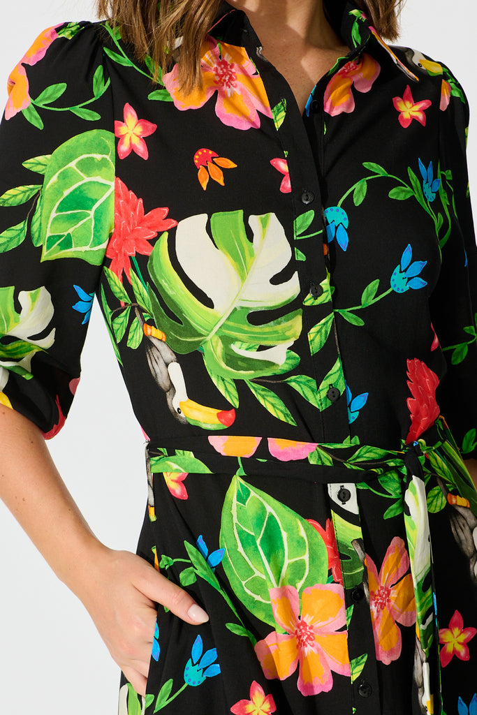 Aurelina Maxi Shirt Dress in Black Multi Print detail