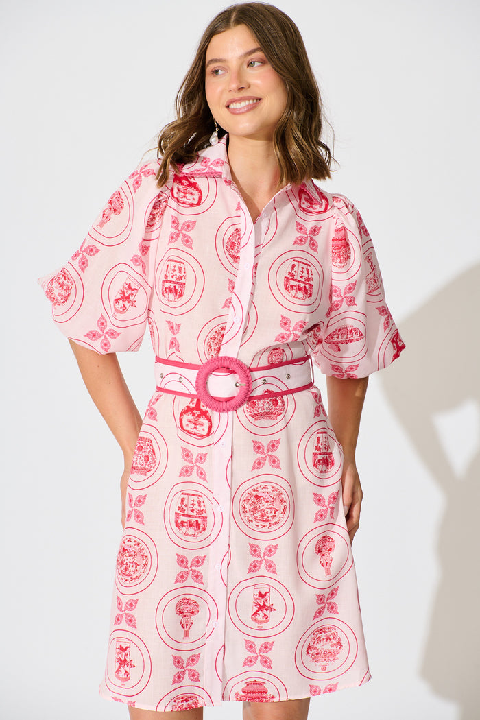 Brooks Shirt Dress in Pink Tiles Linen Blend front